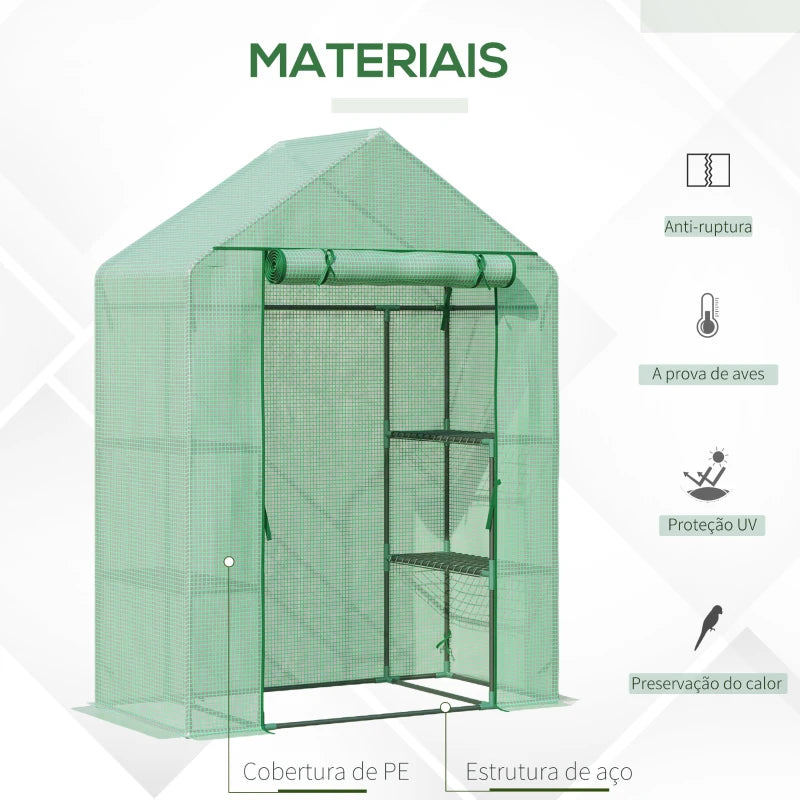 Estufa de Jardim 140x70x190cm Estufa com 4 Prateleiras Porta Enrolável Cobertura de PE 140g/m² e Estrutura de Aço para Cultivos de Plantas Flores Verde