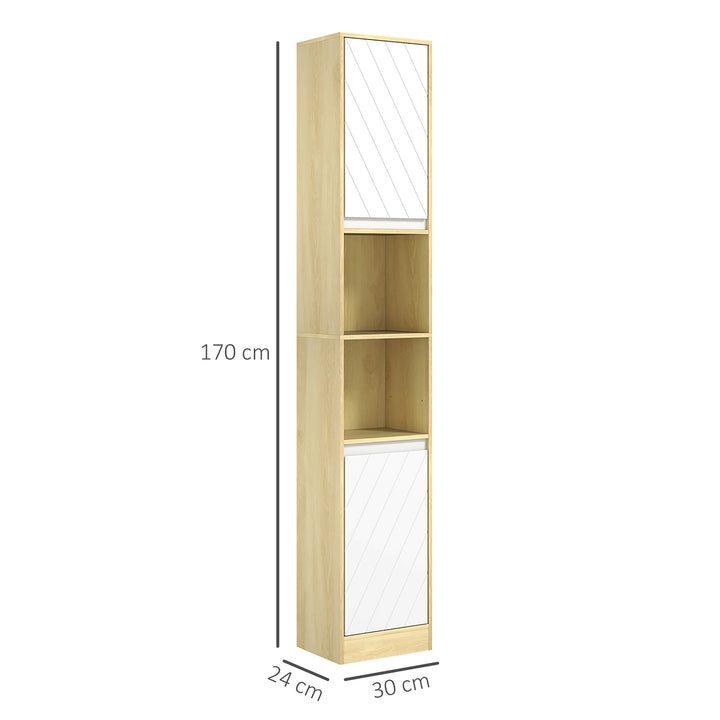 Coluna Casa de Banho com 2 Prateleiras Abertas Armário Alto para Casa de Banho com Armário Fechado e Prateleiras 30x24x170 cm Madeira e Branco