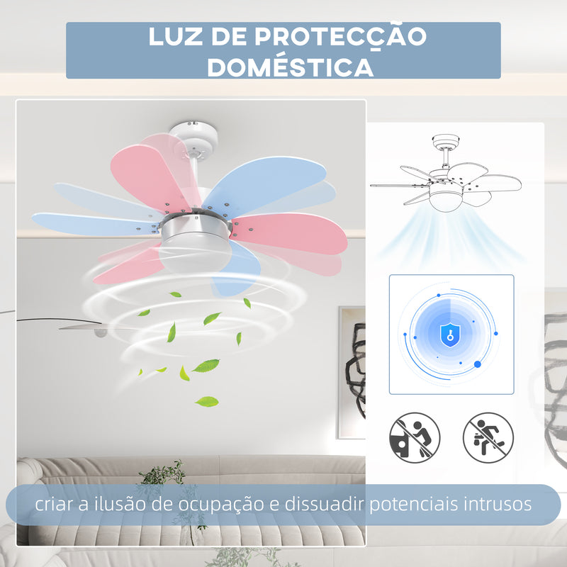 Ventoinha de Teto com Luz 34W Ø82,5 cm Ventoinha de Teto Silencioso com 6 Lâminas Reversíveis Controlo Remoto 6 Velocidades e Temporizador para Quarto Sala Multicolor