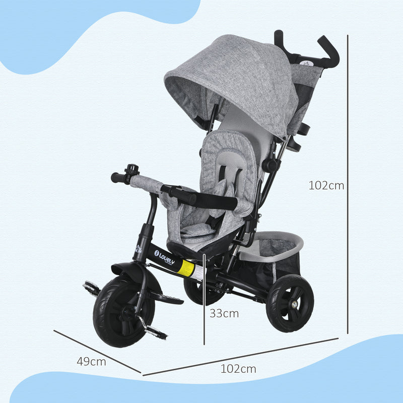 Triciclo para Bebés 2 em 1 Triciclo Evolutivo para Crianças de +12 Meses com Capota Dobrável Guiador Telescópico e Removível Bolsa e Porta-garrafas Cinza