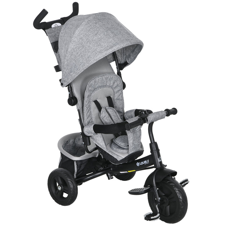 Triciclo para Bebés 2 em 1 Triciclo Evolutivo para Crianças de +12 Meses com Capota Dobrável Guiador Telescópico e Removível Bolsa e Porta-garrafas Cinza