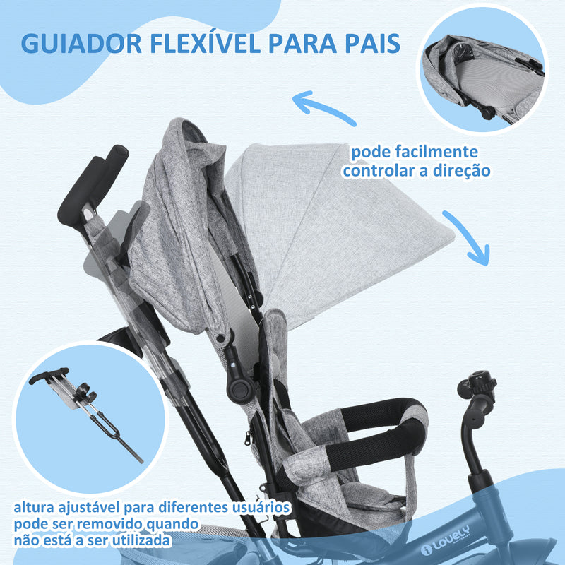 Triciclo para Bebés 2 em 1 Triciclo Evolutivo para Crianças de +12 Meses com Capota Dobrável Guiador Telescópico e Removível Bolsa e Porta-garrafas Cinza