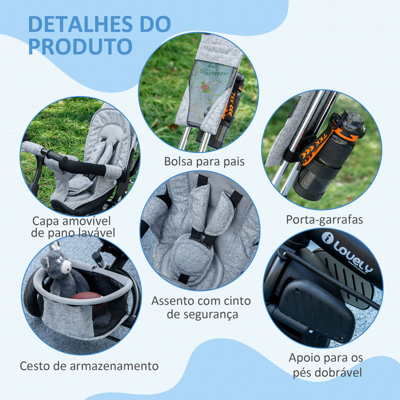 Triciclo para Bebés 2 em 1 Triciclo Evolutivo para Crianças de +12 Meses com Capota Dobrável Guiador Telescópico e Removível Bolsa e Porta-garrafas Cinza