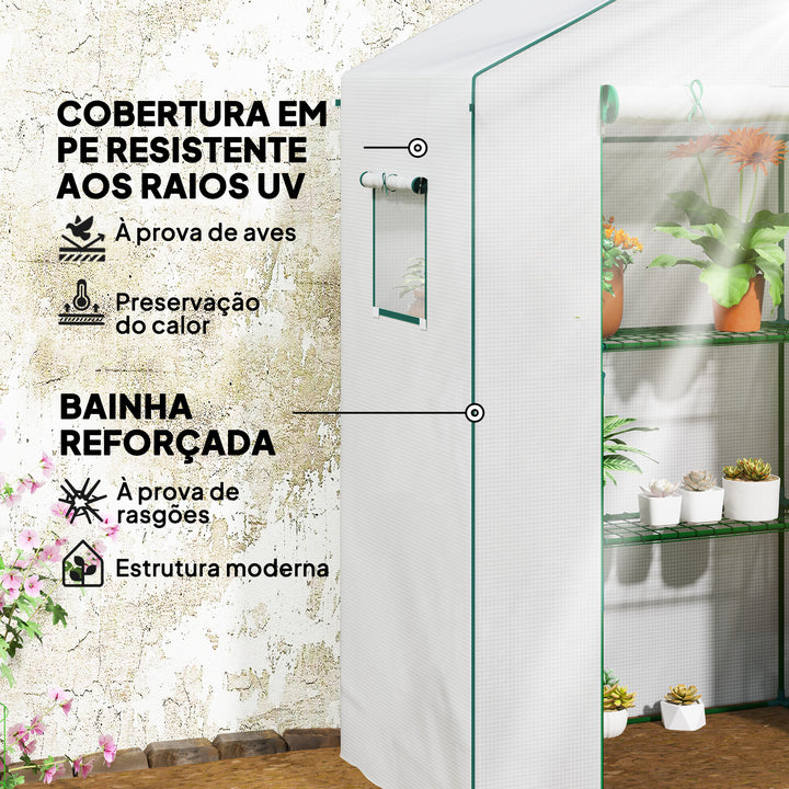 Estufa de Jardim Estufa com 1 Porta 2 Janelas e Prateleiras de 2 Níveis em Forma de U para Cultivo de Plantas em Varanda Pátio 140x73x190 cm Branco