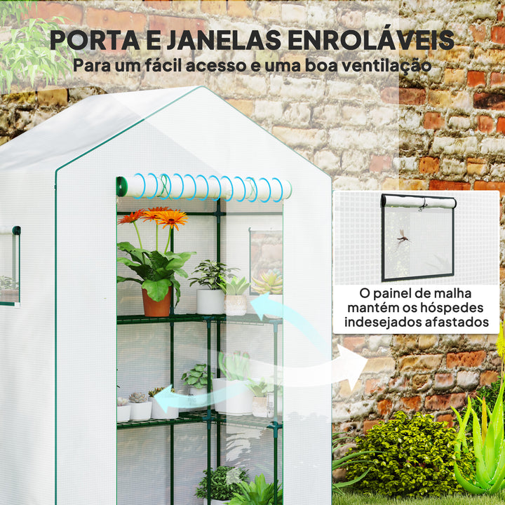 Estufa de Jardim Estufa com 1 Porta 2 Janelas e Prateleiras de 2 Níveis em Forma de U para Cultivo de Plantas em Varanda Pátio 140x73x190 cm Branco
