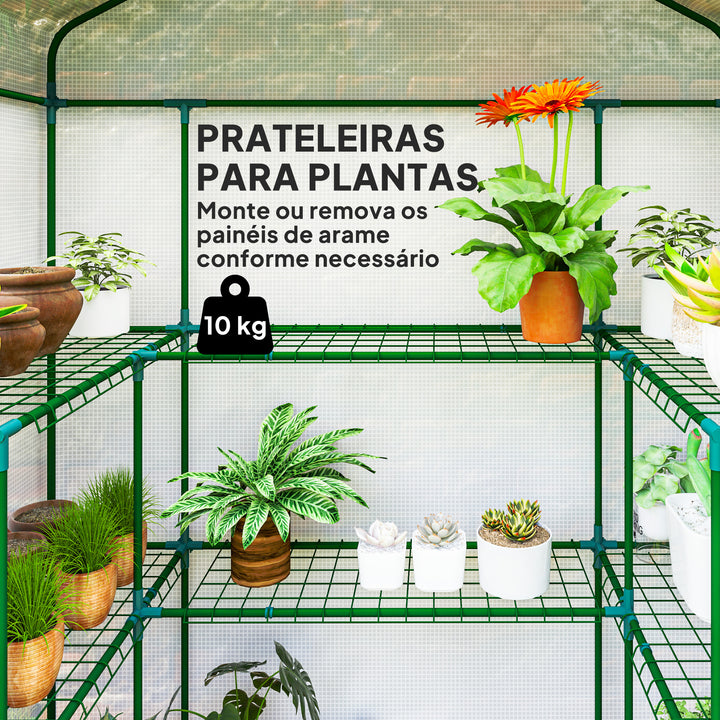 Estufa de Jardim Estufa com 1 Porta 2 Janelas e Prateleiras de 2 Níveis em Forma de U para Cultivo de Plantas em Varanda Pátio 140x73x190 cm Branco