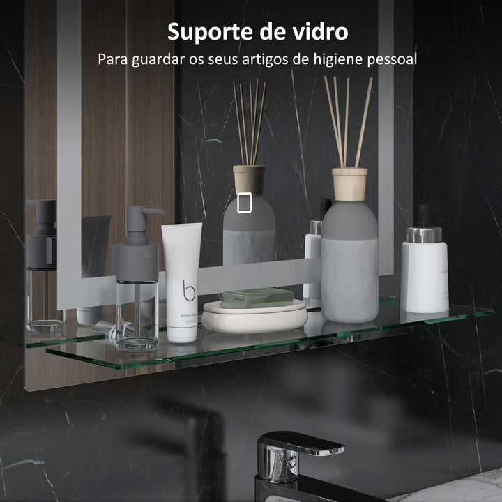 Espelho de Casa de Banho com Luzes LED 50x70 cm Espelho para Casa de Banho com Moldura de Alumínio, Interruptor Tátil e Prateleira de Vidro para Sala de Estar, Entrada, Prata.