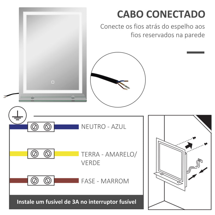 Espelho de Casa de Banho com Luzes LED 50x70 cm Espelho para Casa de Banho com Moldura de Alumínio, Interruptor Tátil e Prateleira de Vidro para Sala de Estar, Entrada, Prata.