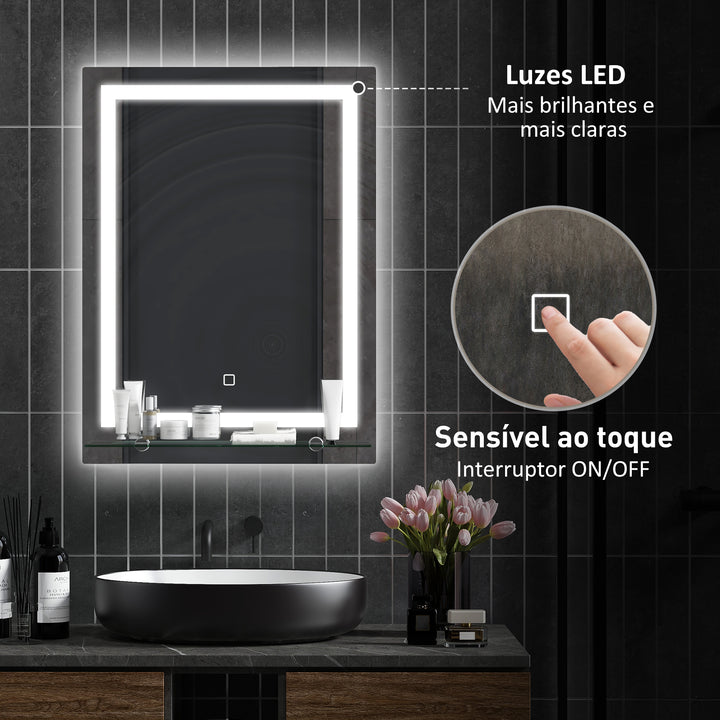 Espelho de Casa de Banho com Luzes LED 50x70 cm Espelho para Casa de Banho com Moldura de Alumínio, Interruptor Tátil e Prateleira de Vidro para Sala de Estar, Entrada, Prata.