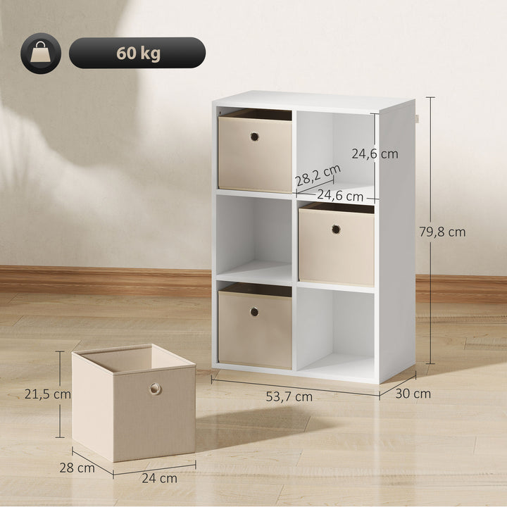 Estante Cubo Moderna Estante de Armazenamento Horizontal ou Vertical com 6 Compartimentos Abertos e 3 Gavetas de Tecido para Sala de Estar Quarto Escritório 53,7x30x79,8 cm Branco e Bege