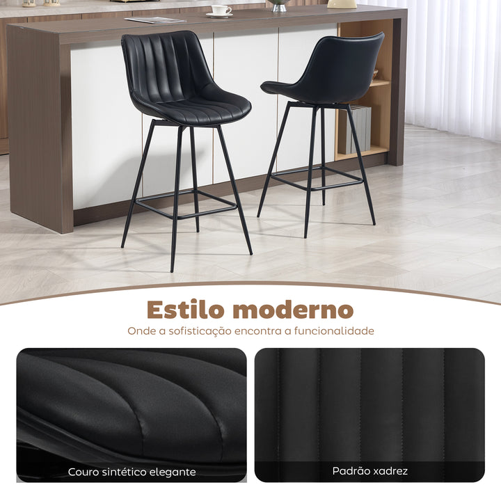 Conjunto de 2 Bancos de Bar Giratórios Bancos Altos de Cozinha com Encosto Curvado e Apoio para os Pés Estofados em PU Estrutura de Aço Cadeiras Altas de Cozinha para Sala de Jantar 47x54,5x97,5 cm Preto