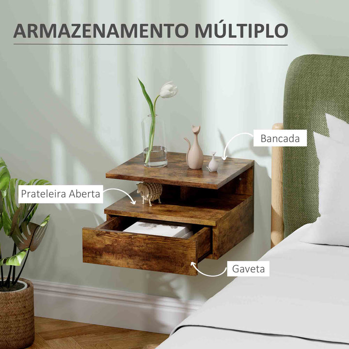 Conjunto de 2 Mesas de Cabeceira Flutuantes, Mesas de Cabeceira com Gaveta e Prateleira Aberta, Design Moderno e Poupa Espaço, Castanho Rústico, 35x32x22,5 cm