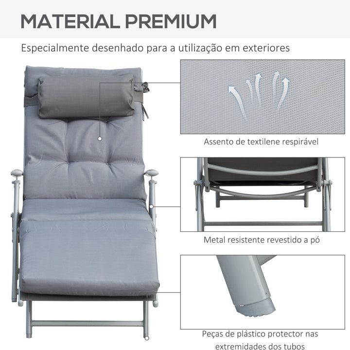 Espreguiçadeira Dobrável de Jardim com Encosto Ajustável em 7 Posições Almofada e Apoio para a Cabeça Acolchoados para Terraço Piscina Exterior Carga Máxima 165kg 137x63,5x100,5cm Cinza