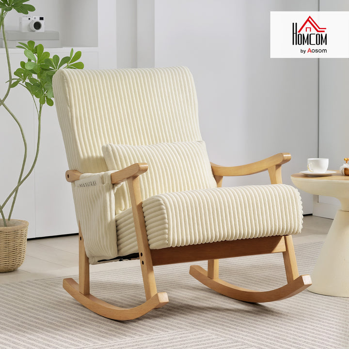Cadeira de Baloiço, Cadeira de Veludo Cotelê com Almofada Lombar, Pés e Braços em Madeira, Assento Largo, Bolso Lateral, Estilo Moderno, Cadeira de Relaxamento, Suporta até 120 kg, para Quarto ou Sala, Bege