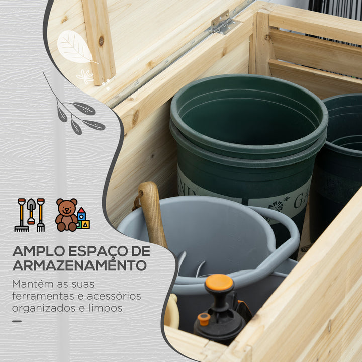 Baú de Jardim Carga 155L Baú de Armazenamento Exterior de Madeira com Tampa de Metal Galvanizado e Desenho em Ripas para Jardim Varanda 110x50x50 cm Madeira