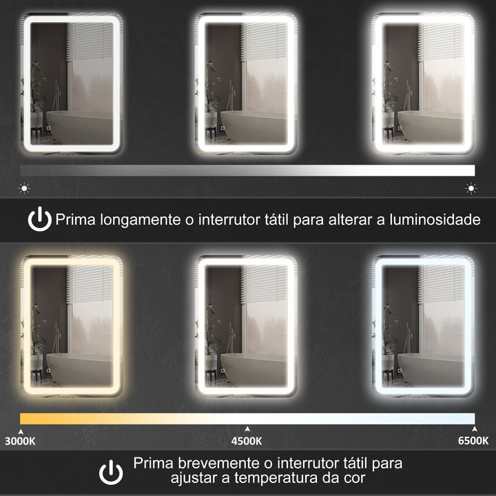 Espelho Casa de banho com Luzes LED 60x80 cm Espelho de Parede Antiembaciamento com 3 Temperaturas de Cor Ajustável e Função de Memória Horizontal e Vertical Prata