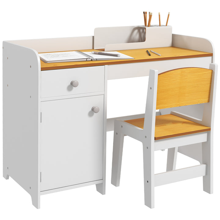 Conjunto de Secretária e Cadeira para Crianças Secretária Infantil com Cadeira Conjunto Infantil de 2 Peças com Gaveta e Armário para Quarto Sala Branco e Natural