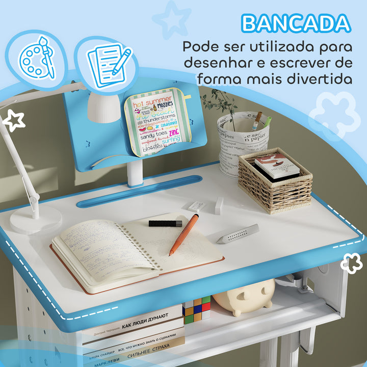 Conjunto de Secretária e Cadeira para Crianças de 6-12 Anos Secretária Infantil com Altura Ajustável 1 Gaveta 1 Suporte para Lápis e 1 Prateleira para Livros 60x45x90-120 cm Azul