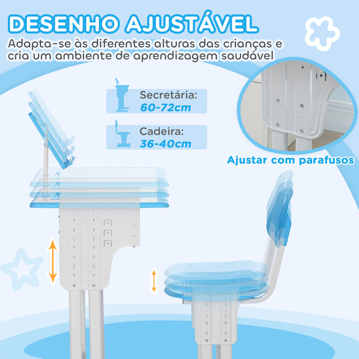 Conjunto de Secretária e Cadeira para Crianças de 6-12 Anos Secretária Infantil com Altura Ajustável 1 Gaveta 1 Suporte para Lápis e 1 Prateleira para Livros 60x45x90-120 cm Azul