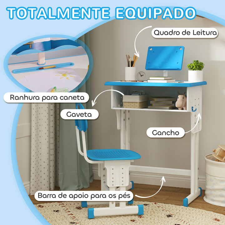 Conjunto de Secretária e Cadeira para Crianças de 6-12 Anos Secretária Infantil com Altura Ajustável 1 Gaveta 1 Suporte para Lápis e 1 Prateleira para Livros 60x45x90-120 cm Azul