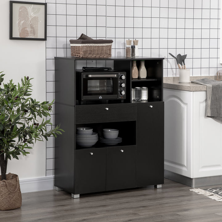 Aparador Auxiliar para Microondas Buffet de Cozinha com 2 Armários com Portas 1 Gaveta e Prateleiras de Armazenamento 90x40x120 cm Preto