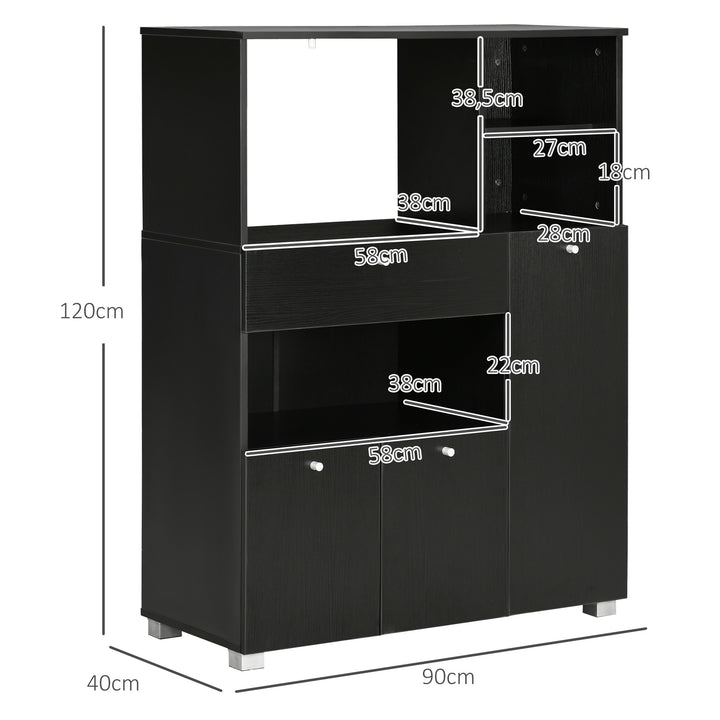 Aparador Auxiliar para Microondas Buffet de Cozinha com 2 Armários com Portas 1 Gaveta e Prateleiras de Armazenamento 90x40x120 cm Preto