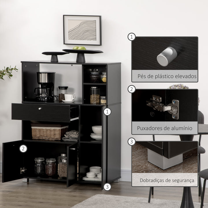 Aparador Auxiliar para Microondas Buffet de Cozinha com 2 Armários com Portas 1 Gaveta e Prateleiras de Armazenamento 90x40x120 cm Preto