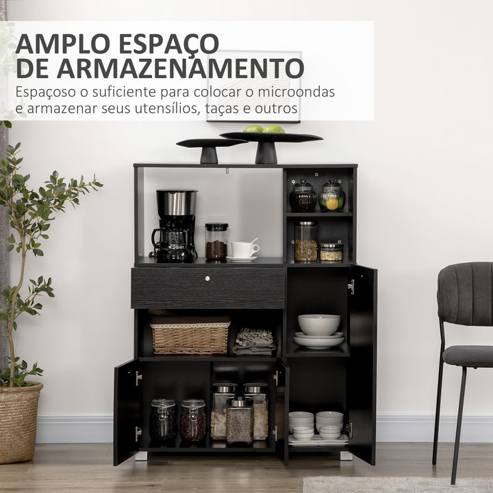 Aparador Auxiliar para Microondas Buffet de Cozinha com 2 Armários com Portas 1 Gaveta e Prateleiras de Armazenamento 90x40x120 cm Preto