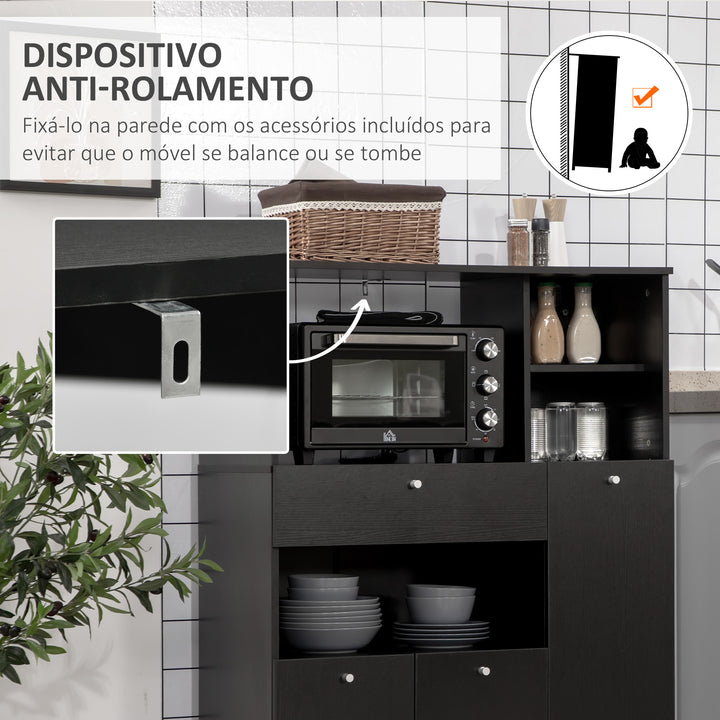 Aparador Auxiliar para Microondas Buffet de Cozinha com 2 Armários com Portas 1 Gaveta e Prateleiras de Armazenamento 90x40x120 cm Preto