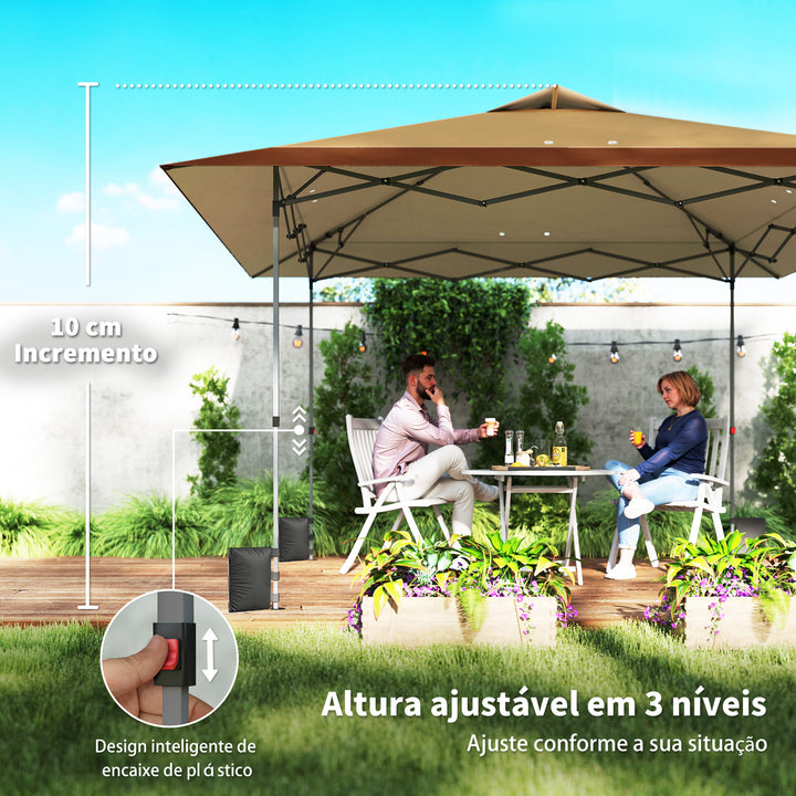 Tenda Dobrável Pop-up Gazebo 4x4 m com Bloqueio Central, UPF50+, Altura Ajustável, 4 Sacos de Areia e Bolsa de Transporte com Rodas, para Camping, Festas, Bege e Castanho