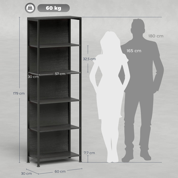Estante de 5 Níveis com Luzes LED de 7 Cores Estante para Livros 60x30x179 cm Estante Industrial com Estrutura de Aço para Sala Quarto Escritório Preto