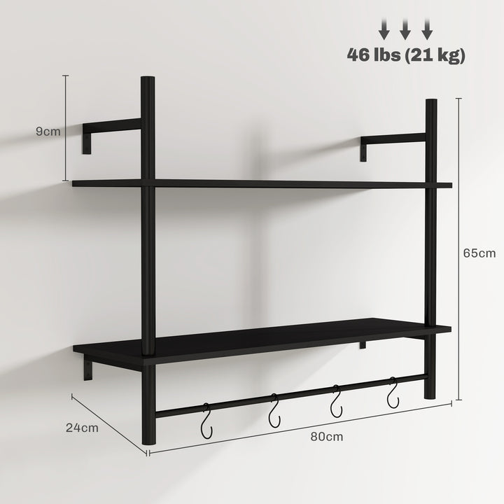 Estante de Parede de 2 Níveis Estante Suspensa Prateleiras de Parede com 4 Ganchos 2 Prateleiras e Estrutura de Metal para Entrada Cozinha Sala de Estar 80x24x65 cm Preto