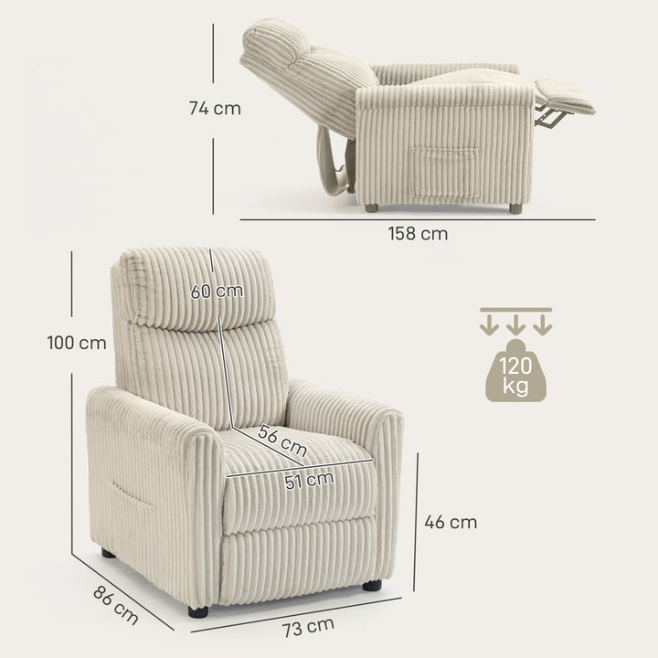 Poltrona Relax Reclinável Poltrona Reclinável Manual Estofada em Veludo Instalação Rápida Apoio para Pés Acolchoamento Grosso Para Sala de Estar Quarto Escritório 73x86x100 cm Creme