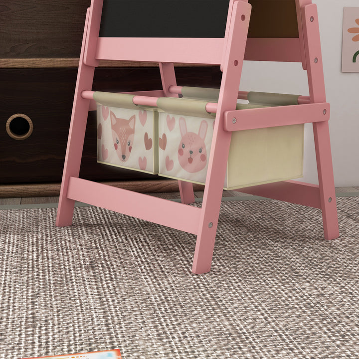 Cavalete para Crianças 3 em 1 Cavalete Infantil de Dupla Face Cavalete de Arte com Rolo de Papel Quadro e 2 Cestas de Armazenamento 54x46,5x93 cm Rosa