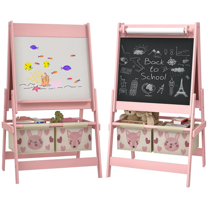 Cavalete para Crianças 3 em 1 Cavalete Infantil de Dupla Face Cavalete de Arte com Rolo de Papel Quadro e 2 Cestas de Armazenamento 54x46,5x93 cm Rosa