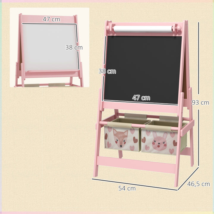Cavalete para Crianças 3 em 1 Cavalete Infantil de Dupla Face Cavalete de Arte com Rolo de Papel Quadro e 2 Cestas de Armazenamento 54x46,5x93 cm Rosa