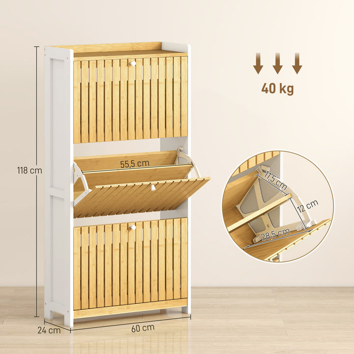 Sapateira Estreita com 3 Portas de Bambu em Ripas Móvel Sapateira com Prateleiras Ajustáveis para 18 Pares de Sapatos 60x24x118 cm Branco e Madeira