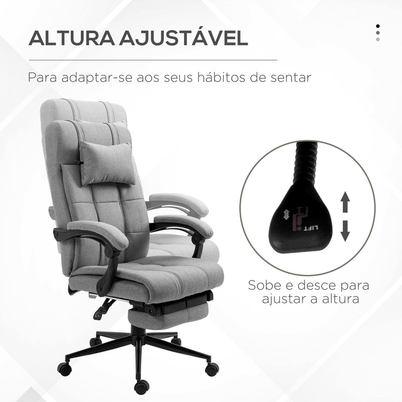 Cadeira de Escritório Reclinável Cadeira de Escritório Giratória Estofada em Tecido com Altura Ajustável Apoio para os Pés e Apoio para a Cabeça Carga Máxima 120 kg para Estúdio 66x76x116-124 cm Cinza