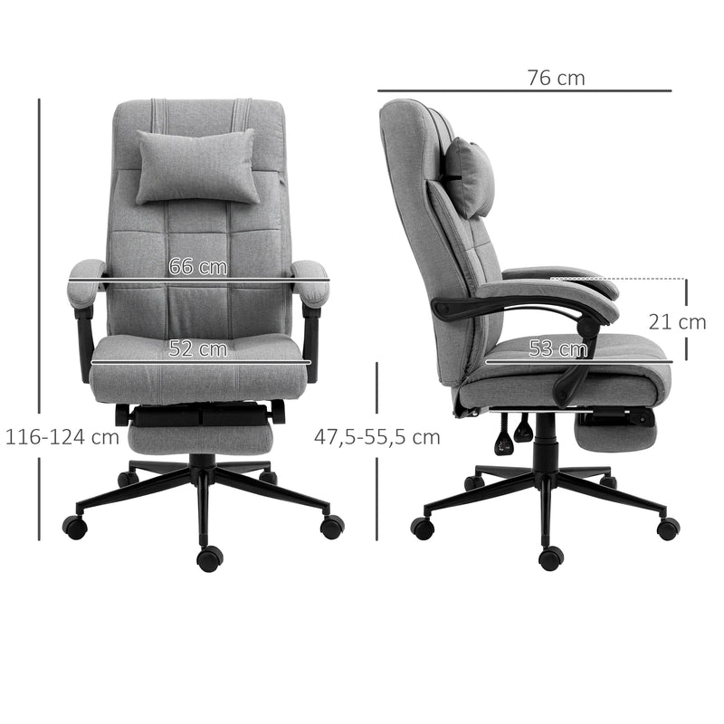 Cadeira de Escritório Reclinável Cadeira de Escritório Giratória Estofada em Tecido com Altura Ajustável Apoio para os Pés e Apoio para a Cabeça Carga Máxima 120 kg para Estúdio 66x76x116-124 cm Cinza