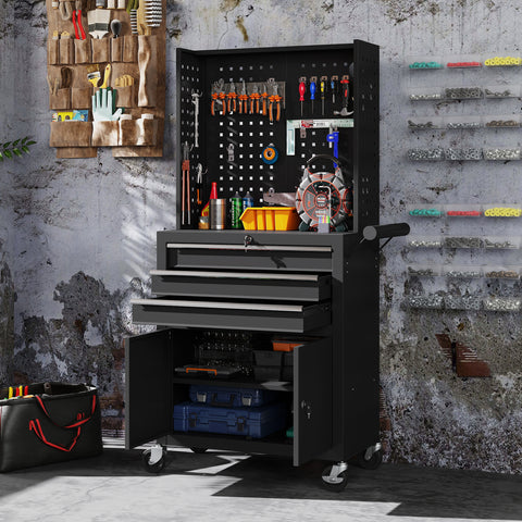 Carrinho de Ferramentas com 3 Gavetas e Painel de Perfurado Carrinho de Oficina Fechadura com Chave Prateleira Ajustável 2 Rodas com Travão de Bloqueio 69x33x133 cm Preto