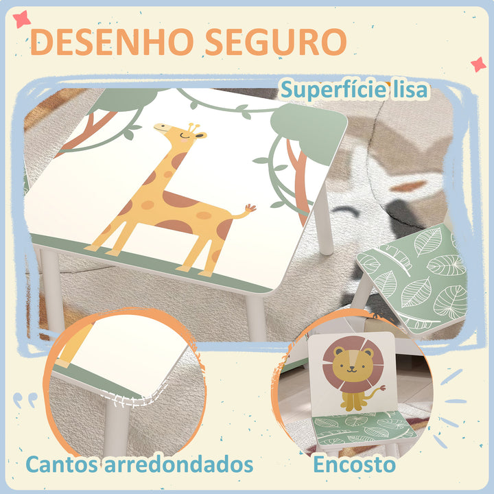 Mesa e Cadeiras para Crianças de 3 Peças Mesa Infantil com 2 Cadeiras em Madeira Conjunto de Móveis com Desenhos de Leões para Crianças Acima de 3 Anos para Quarto Sala de Jogos Verde