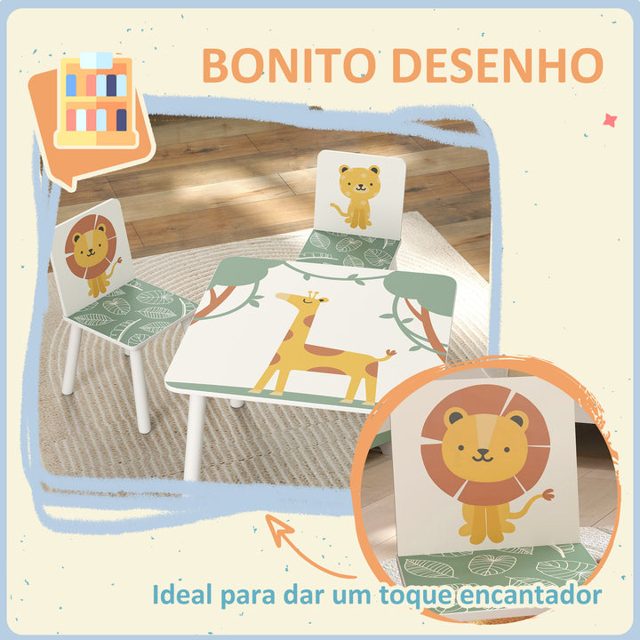 Mesa e Cadeiras para Crianças de 3 Peças Mesa Infantil com 2 Cadeiras em Madeira Conjunto de Móveis com Desenhos de Leões para Crianças Acima de 3 Anos para Quarto Sala de Jogos Verde