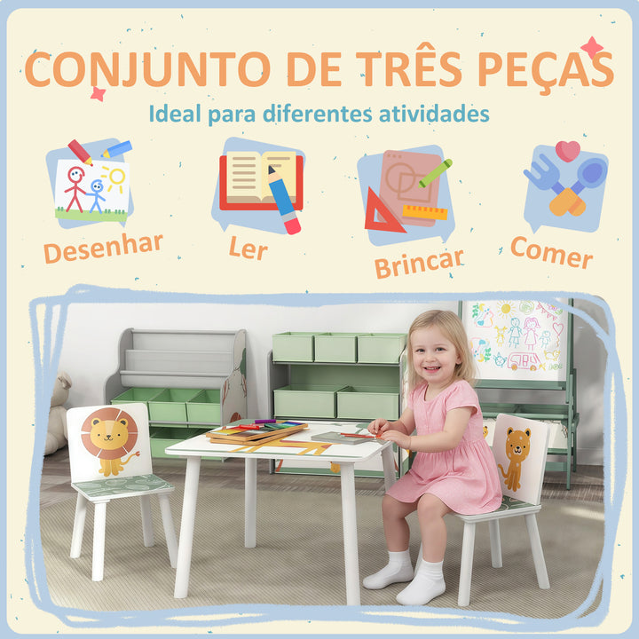 Mesa e Cadeiras para Crianças de 3 Peças Mesa Infantil com 2 Cadeiras em Madeira Conjunto de Móveis com Desenhos de Leões para Crianças Acima de 3 Anos para Quarto Sala de Jogos Verde