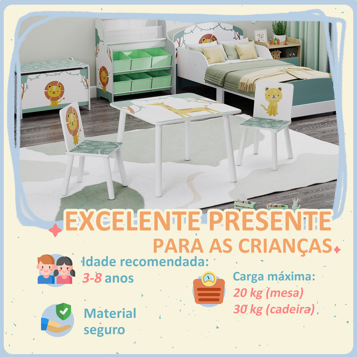 Mesa e Cadeiras para Crianças de 3 Peças Mesa Infantil com 2 Cadeiras em Madeira Conjunto de Móveis com Desenhos de Leões para Crianças Acima de 3 Anos para Quarto Sala de Jogos Verde