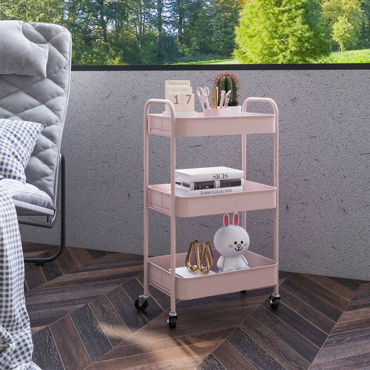 Carrinho Auxiliar de 3 Níveis com Rodas Carrinho de Armazenamento Deslizante com 3 Prateleiras 4 Rodas e 2 Travões para Cozinha Sala 45x30.6x79 cm Rosa