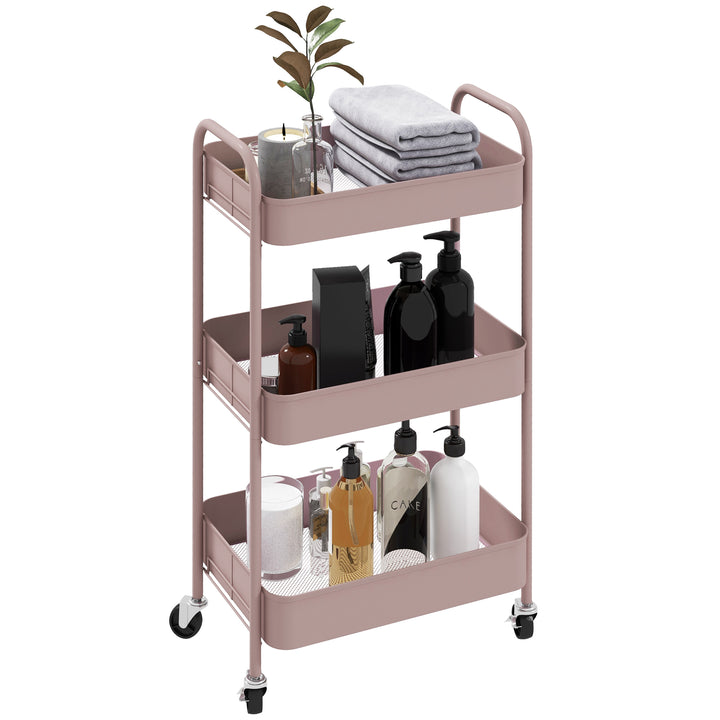 Carrinho Auxiliar de 3 Níveis com Rodas Carrinho de Armazenamento Deslizante com 3 Prateleiras 4 Rodas e 2 Travões para Cozinha Sala 45x30.6x79 cm Rosa