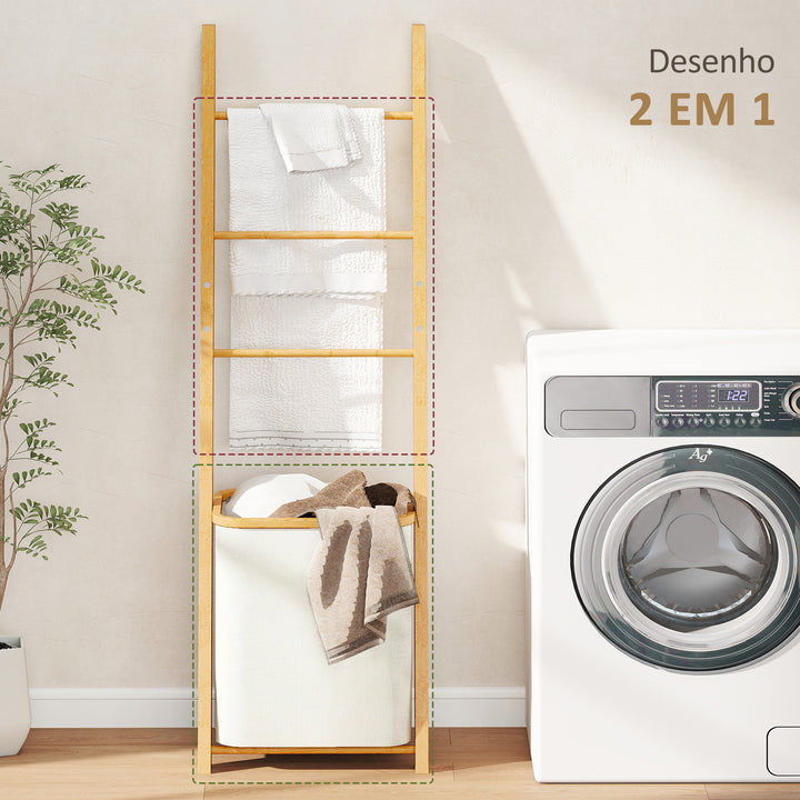 Estante para Casa de Banho de Bambu Toalheiro de Pé com 3 Barras e Cesto para Roupa Suja Removível de 48 L para Quarto Lavandaria 43x35x133 cm Creme e Madeira
