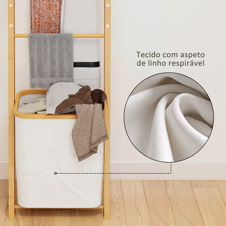 Estante para Casa de Banho de Bambu Toalheiro de Pé com 3 Barras e Cesto para Roupa Suja Removível de 48 L para Quarto Lavandaria 43x35x133 cm Creme e Madeira