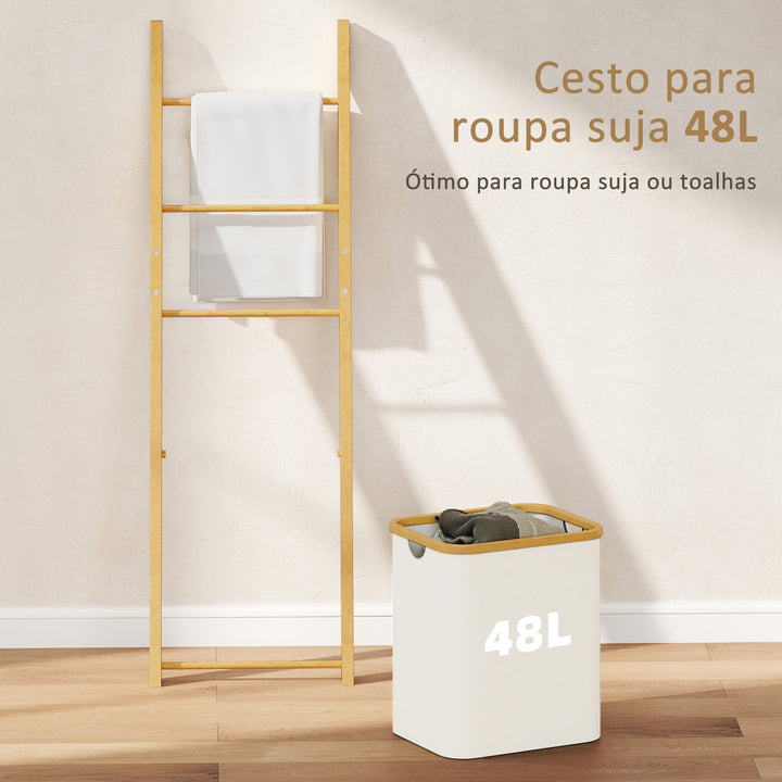 Estante para Casa de Banho de Bambu Toalheiro de Pé com 3 Barras e Cesto para Roupa Suja Removível de 48 L para Quarto Lavandaria 43x35x133 cm Creme e Madeira