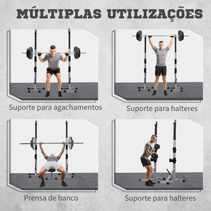Suporte para Barras de Pesos Ajustável Estante Multifuncional 2 Peças de Aço Treinamento em Casa Peso 200 kg 58,5x75,5x136-176 cm Prata e Preto